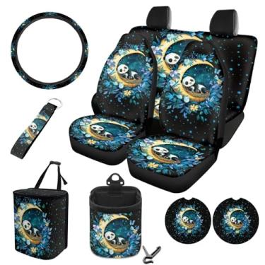 Imagem de Fipuivrn Conjunto completo de capas de assento de carro com estampa floral panda e lua, 10 peças à prova d'água, acessórios de carro, capa de volante, caixote do lixo, porta-chaves, porta-copos para