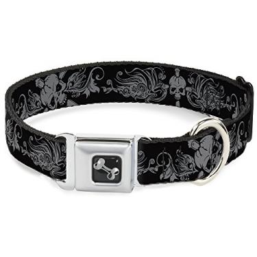 Imagem de Buckle-Down Coleira para cães com fivela de cinto de segurança – caveira e adaga com filigrana preto/cinza – 2,54 cm de largura – serve para pescoço de 22,86 a 38,10 cm – Pequena