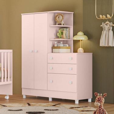 Imagem de Guarda-Roupa Infantil com Cômoda Doce Sonho 2 Portas 3 Gavetas Rosa - Qmovi