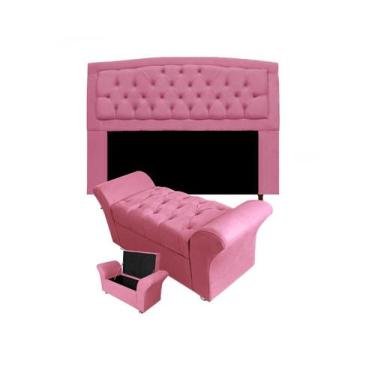 Imagem de Kit Cabeceira Geovana Com Baú Veneza Queen 160 cm Suede Rosa Barbie - 
