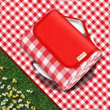 Imagem de SAMSIER dobrável impermeável ao ar livre piquenique cobertor com travesseiro, areia resistente grande cobertor de praia 150cm × 200cm (vermelho - 2 camadas, 1 pacote)