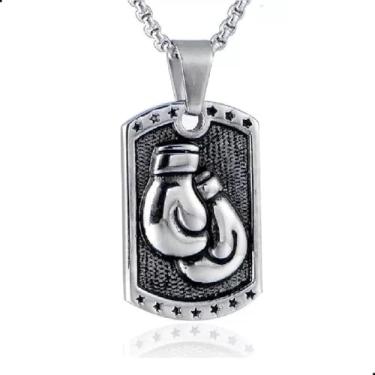 Imagem de Colar Corrente Placa Luvas De Boxe Aço Inox Muay Thai Boxe MMA Luta UFC Cordão Fit (Prateado, 60cm)