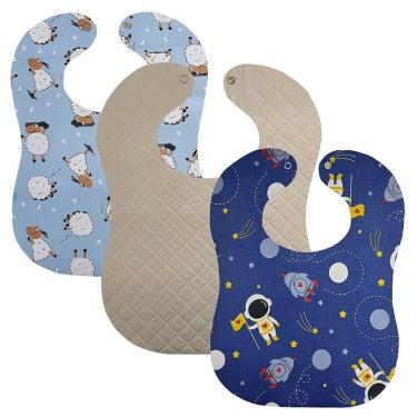 Imagem de Babador Impermeavel Bebe Kit 3 25x34cm Estampas Divertidas Botão Pressão Menino Menina