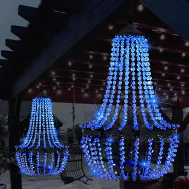 Imagem de LEWIS&WAYNE Lustre Solar Suspenso Para Áreas Externas, 30 Luzes Azuis, Acrílico Transparente, Com Contas, Ganchos Em S, Lanterna Moderna Para Decoração De Jardim, Quintal, Pátio, Gazebo, 28" De Altu