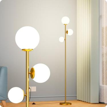 Imagem de Nukanu Luminária De Chão Com 3 Cúpulas De Vidro Fosco, Luminária De Chão Pendente Para Sala De Estar, Quarto E Escritório Com 3 Lâmpadas Led, Luminária Alta Com Pedal (Dourada)