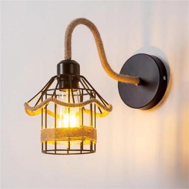 Imagem de Luminária de parede estilo fazenda com gaiola de corda de cânhamo E27, feita à mão, para canto de café, para quarto, sala de estar, corredor e cozinha (D)