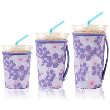 Imagem de 3 Reusable Iced Coffee Sleeves for Iced Coffee Cups or Drinks Reusable Neoprene Insulated Sleeves for Hot and Cold Drinks from Starbucks, Dunkin, And More (Little Purple Flowers)