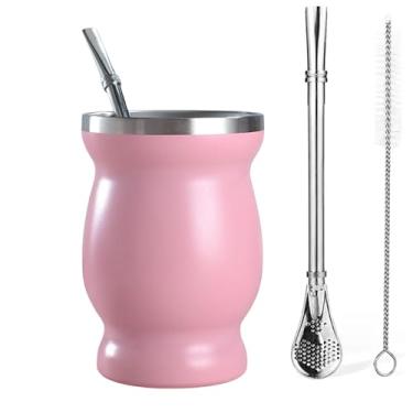 Imagem de FAMKX Copo de Erva Mate de 227 g com canudo Bombillas e escova de limpeza, caneca de cabaça de viagem de parede dupla de aço inoxidável, (rosa)