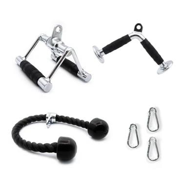 Imagem de ToughFit Acessório de máquina de cabo LAT Acessórios pulldown para treino de academia em casa, 3 opções de conjunto: barra de alça V, alça D dupla, corda tríceps