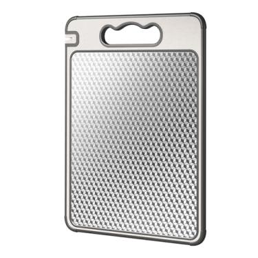 Imagem de Tábua de corte dupla face de aço inoxidável 304 e palha de trigo, tábua de cortar 40,6 cm x 28 cm, leve não tóxica, manuseia separadamente carne e legumes, pode ser lavada na lava-louças, design de