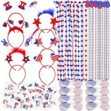Imagem de Conjunto de acessórios de festa patriótica de 4 de julho com 6 copos de obturador, 6 colares de contas, 12 pulseiras de borracha, 12 bigodes, artigos de festa patriótica para decoração de dia memorial do dia da independência, 36 peças
