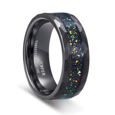 Imagem de JEWPER Anéis de tungstênio para homens 8 mm preto/prata/ouro moda promessa aliança de casamento martelada sulco meteorito orbo carboneto chanfrado borda polida ajuste confortável, 12, Metal, Sem pedra