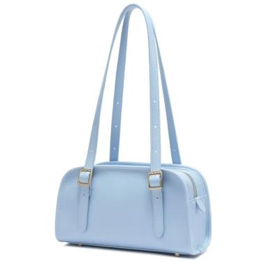 Imagem de Keyli Bolsa de ombro feminina com zíper, bolsa de ombro de couro, bolsa Hobo com alça ajustável, Azul claro