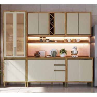 Imagem de Cozinha Modulada Completa 5 Peças 13 Portas com Vidro e Tampo 100% Mdf Barbados Espresso Móveis Amêndoa/Off White