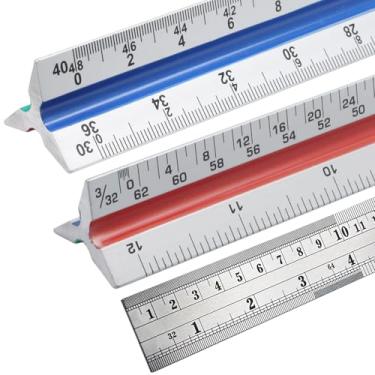 Imagem de Biaungdo Conjunto de 3 réguas de escala arquitetônica e de engenheiro, ferramenta de desenho triangular de alumínio de 30 cm, régua de escamas de arquiteto gravadas a laser para desenhista, régua de