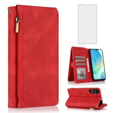 Imagem de Capa carteira compatível com Samsung Galaxy A16/A26 5G, protetor de tela de vidro temperado e zíper retrô de couro, suporte para cartão, acessórios para celular para A 16 26 16A 26A 4G SM-A166U