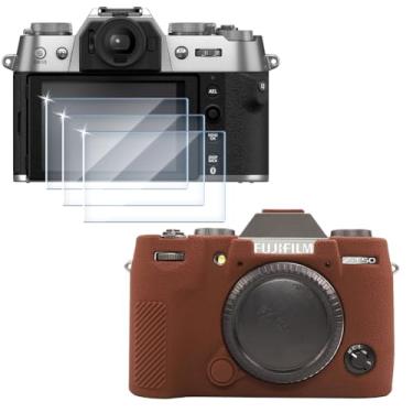 Imagem de Protetor de tela (3 + 1 pacote) compatível com Fuji Fujifilm X-T50 /XT50, filme de vidro temperado antiarranhões de alta definição e capa de silicone macio para Fujifilm X T50 (café)