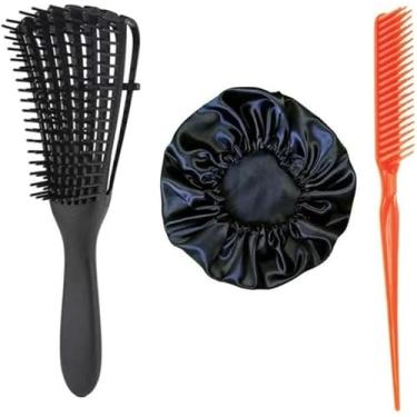 Imagem de Kit Escova Cabelo Polvo Para Cabelos Crespos Cacheados Anti Quebra e Desembaraçadora + Pente Escova 3 Fileiras Fitagem Finalização + Touca de Cetin (Cores sortidas)