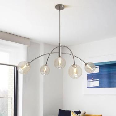 Imagem de Fulesi Lustre Sputnik Moderno De Meados Do Século Com Globo De Vidro, Abajur Conhaque Ajustável, 5 Luzes, Lustre Prateado Para Sala De Jantar, Cozinha, Quarto