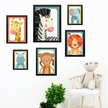 Imagem de Kit Composição 6 Quadros Infantis Bichos Safari - Com Vidro - Quadros 