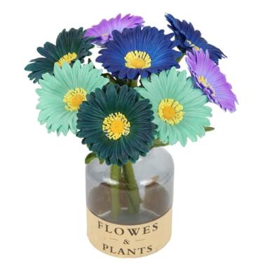 Imagem de ICBOX 8 peças de margaridas artificiais gerbera pequenas flores azuis 30 cm PU para mesa central arranjo banheiro cozinha decoração de casa