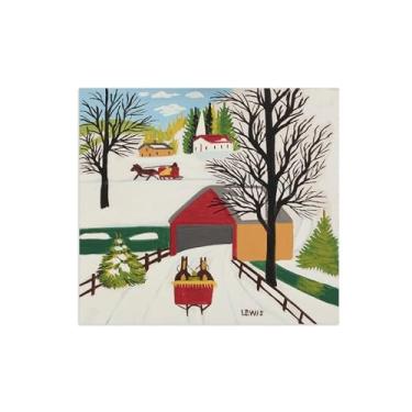 Imagem de Maud Lewis Impressão de arte de parede em tela - arte em tela ponte coberta por imagem no inverno - reprodução de pintura de paisagem pôster para decoração de casa 70 x 77 cm 28 x 30 polegadas sem