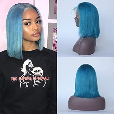 Imagem de Aprilhair Perucas pré-arrancadas cinza Bob lace frontal liso sem cola 130% densidade corte curto cabelo humano virgem brasileiro com cabelo de bebê inteiro e parte livre grossa (35,5 cm, azul claro)