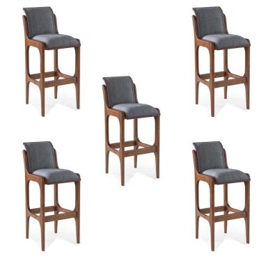 Imagem de Kit 5 Banquetas Alta Madeira Maciça Pedri Linho Cinza/Imbuia