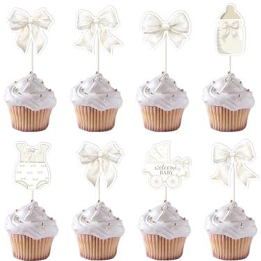 Imagem de kreat4joy Decoração de chá de bebê com laço branco, 24 peças de enfeite de cupcake com tema de laço, impressão frente e verso, para chá de bebê, artigos de festa