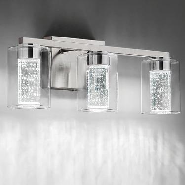 Imagem de SineRise Luminária de níquel escovado de 3 luzes com 3 modos de cor (3000K/4000K/6000K), luminária LED para banheiro com proteção ocular, luz de parede moderna regulável sobre espelho com sombra de