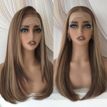 Imagem de Peruca Highlight Loira Mel Sem Cola 33 x 15 Perucas Sintéticas de Renda Frontal para Mulheres Pré-Arrancadas Aparência Natural Em Camadas Retas Destaque Cobre Loiro Borboleta Corte Pronto para Usar