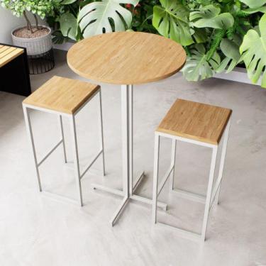 Imagem de Conjunto Mesa Alta Bar Bistrô Redonda 2 Bancos Pinus Industrial White 
