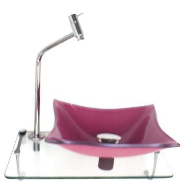 Imagem de Kit Cuba De Vidro 10Mm Rosa Tampo 40Cm Incolor Com Suporte - Cubas E G