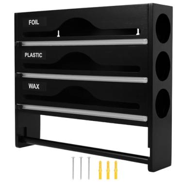 Imagem de ZJRDYYK Organizador de folha de bambu e plástico para envoltório plástico, cortador dispensador de papel de alumínio e cera, dispensador de filme aderente e cortador para rolo de 30 cm (preto)