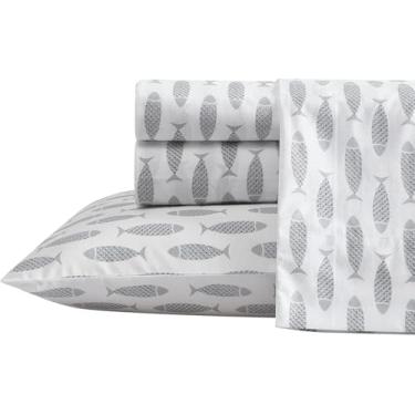 Imagem de Nautica - Lençóis Queen, conjunto de cama de percal de algodão, fresco e fresco, jogo de cama costeiro (madeira cinza peixe, Queen)