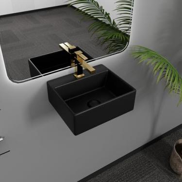 Imagem de Davivy Pia de vaso de cerâmica preta fosca montada na parede de 33,5 x 29 cm com dreno pop-up e kit de instalação, pia de banheiro de montagem dupla acima do balcão, pia de vaso retangular pequena