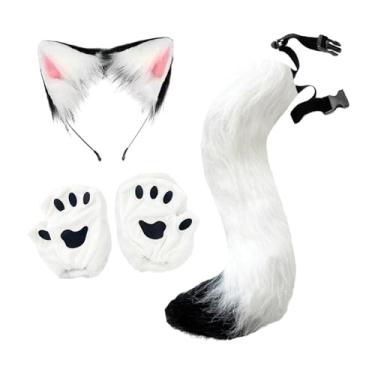 Imagem de Baoblaze Conjunto de orelhas e cauda de gato e, fantasia de animal de pelúcia para cosplay, baile de máscaras, Branco