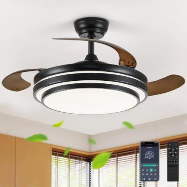 Imagem de FIDGRA Lustre de teto de 42 polegadas com luz, ventilador de teto retrátil com luzes para quarto, sala de estar, sala de jantar, lustre com ventilador de 6 velocidades, LED regulável - preto