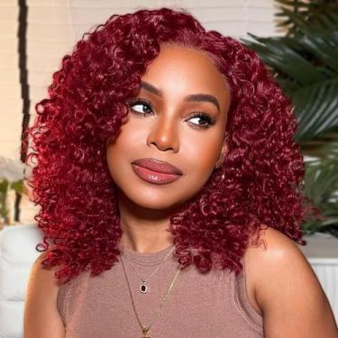 Imagem de Peruca HIRIREMY Burgundy Deep Wave BOB 30 cm de cabelo humano com rend