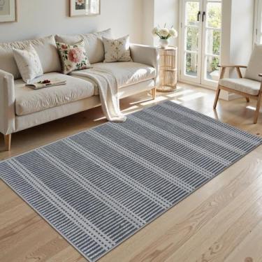Imagem de LIVEBOX Tapete Easy Jute para ambientes internos e externos, 7,5 x 12,7 cm, lavável para entrada, tapete geométrico listrado cinza para sala de estar, tapete antiderrapante para porta de entrada