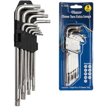 Imagem de Jogo Chave Torx Longa 9 Peças Furo Guia + Suporte Prata 350g