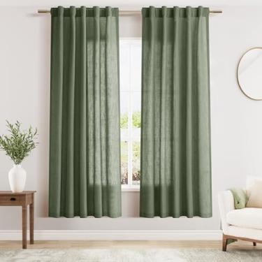 Imagem de Cortinas de linho verde-oliva 182 cm de comprimento, conjunto de 2 painéis, aba traseira, semitransparente, filtro de luz, respirável, cortina curta, estilo farmhosue, janela de sacada para sala de