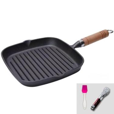 Imagem de Xiaocao8 Frigideira antiaderente de 22 cm para fogão, panela de superfície antiaderente não revestida, panela de ferro fundido, grelha interna e externa, clipes gratuitos e escovas de óleo