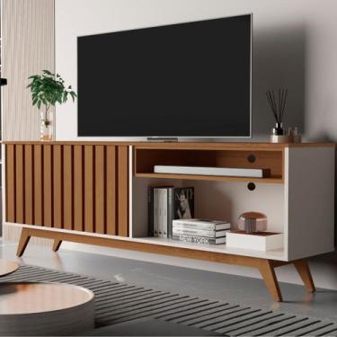 Imagem de Rack Retrô TV Até 65 Polegadas Pés Madeira 2 Portas Ripadas Buriti - L