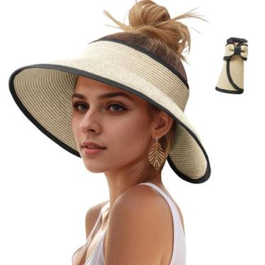 Imagem de Sun Hats Viseira ZOORON para mulheres UV UPF Straw Chapéu de praia beg