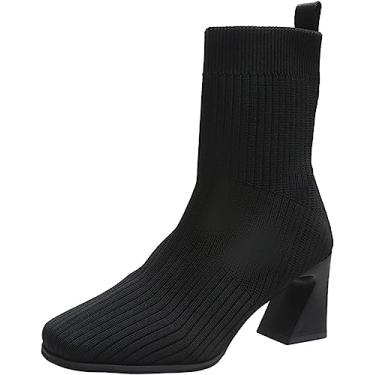 Imagem de Botas femininas de tricô elástico para neve salto alto inverno quente botas curtas botas meias botas para uso ao ar livre, Preto, 41 BR