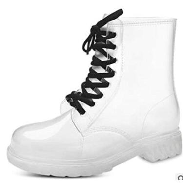 Imagem de Bigfanshu Botas femininas de cano médio para meninas com cadarço à prova d'água transparente até o tornozelo ao ar livre, Branco, 36 M EU