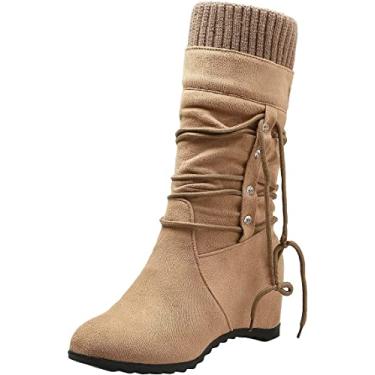 Imagem de Botas femininas de camurça sintética larga até o joelho cano médio cano alto moda clássica botas de inverno sem cadarço, Bege, 38 BR