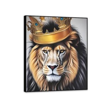 Imagem de Leão com coroa arte de parede rei animal impressão arte tela retrato cabeça de leão ouro moderno casa impressão pintura para quarto banheiro sala de estar decoração de parede 90 x 70 cm (36 x 28 pol