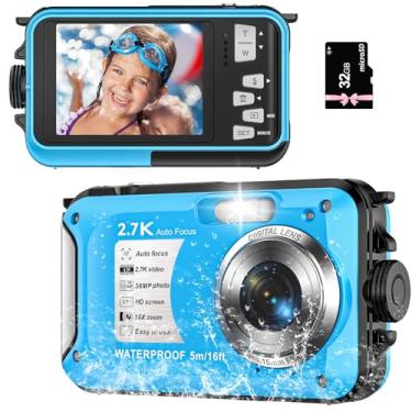 Imagem de Câmera subaquática com cartão de 32 GB, à prova d'água, câmera digital para crianças, 10 m, 30 MP, FHD 1080P, compacta, portátil, zoom digital 16X à prova d'água
